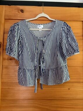 Japna Blue and White Striped Tie-Front Peplum Top